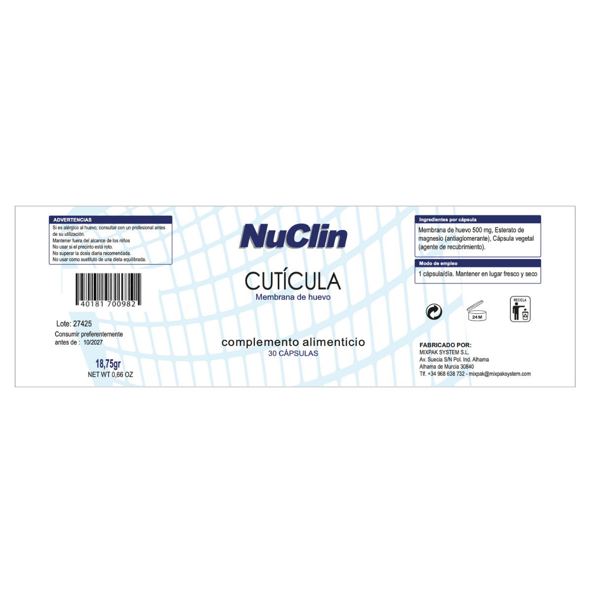 Etiqueta del suplemento NuClin Cutícula con Membrana de Huevo. Información de ingredientes, modo de uso y datos del fabricante.