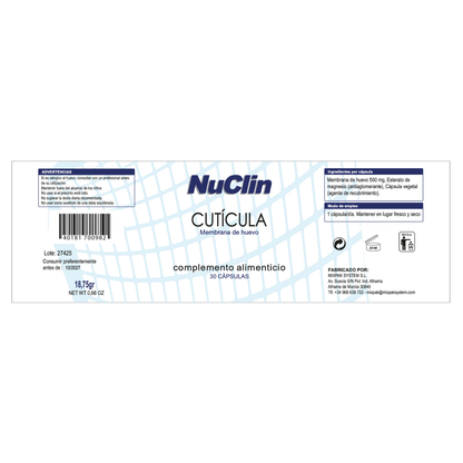 Etiqueta del suplemento NuClin Cutícula con Membrana de Huevo. Información de ingredientes, modo de uso y datos del fabricante.