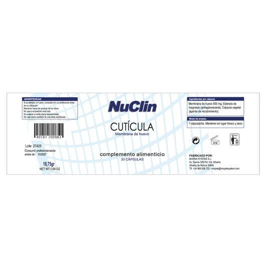 Etiqueta del suplemento NuClin Cutícula con Membrana de Huevo. Información de ingredientes, modo de uso y datos del fabricante.