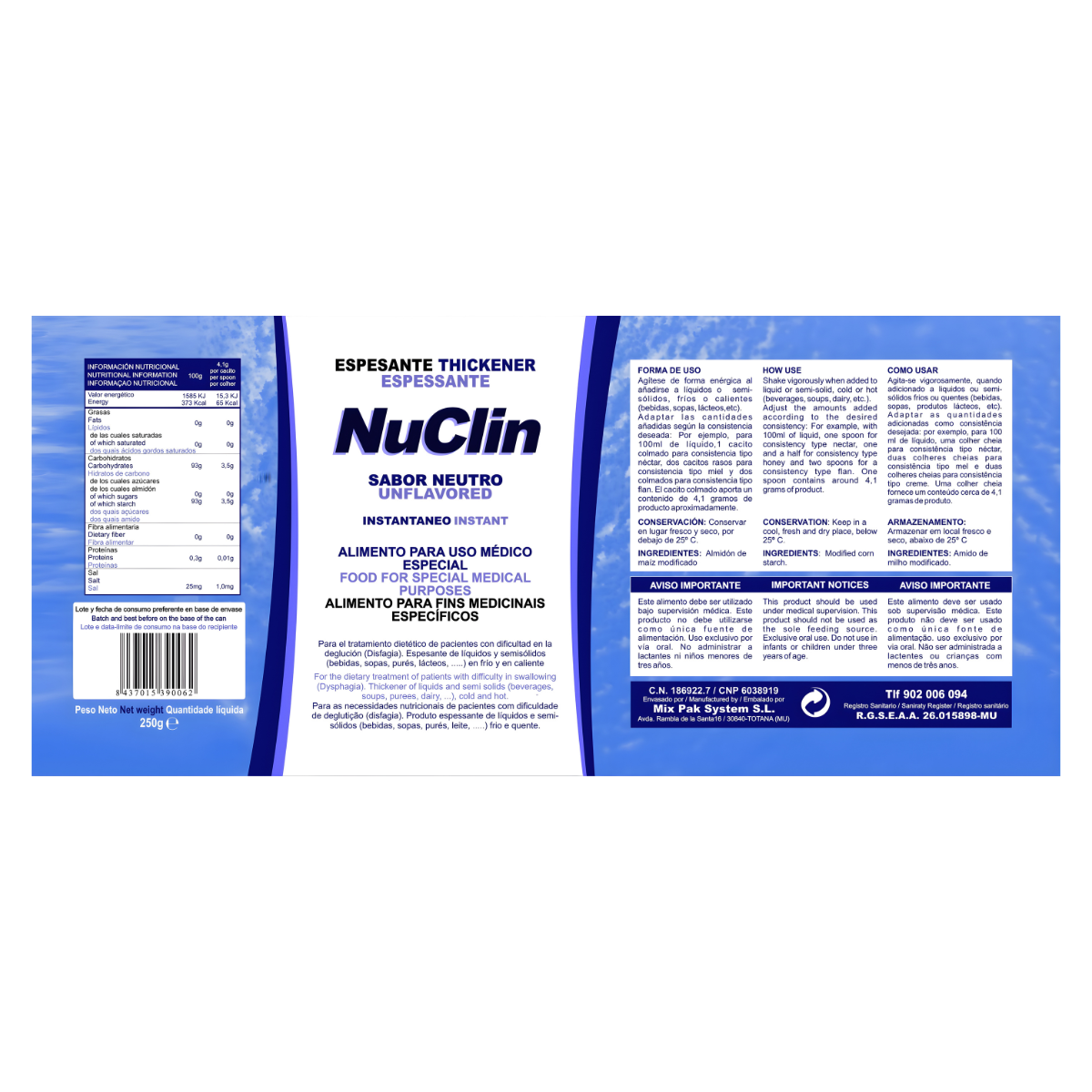 Etiqueta completa del producto NuClin Espesante Neutro®, con información nutricional, forma de uso y advertencias para pacientes con disfagia.