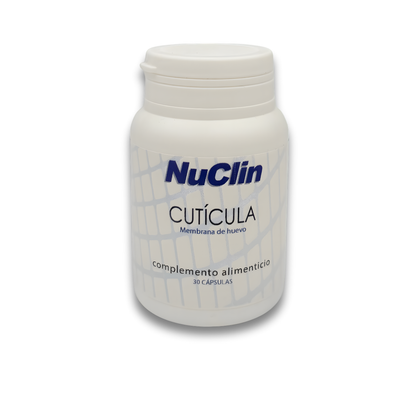 Bote de NuClin Cutícula con Membrana de Huevo, complemento alimenticio en cápsulas para el cuidado de las articulaciones.