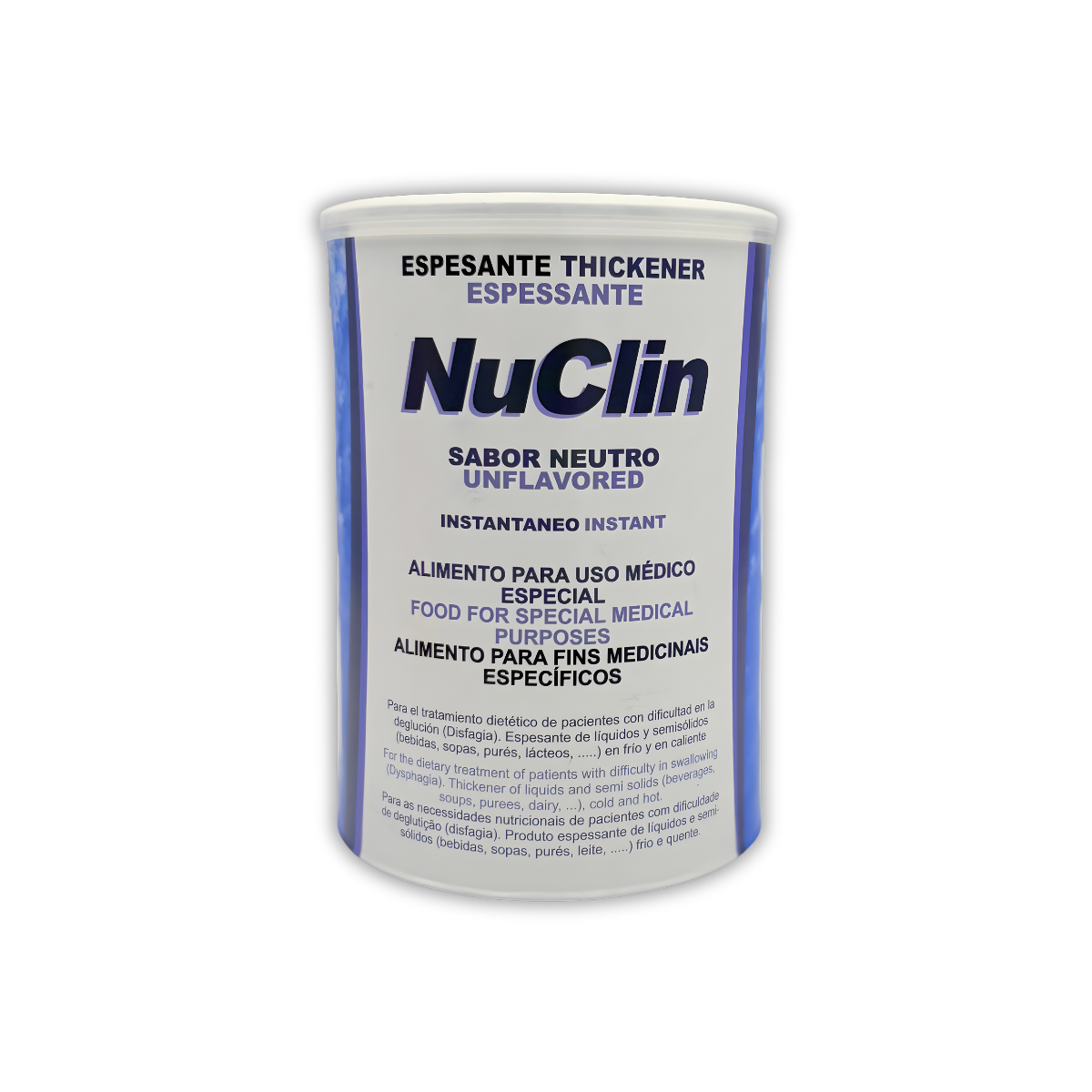Envase de NuClin Espesante Neutro®, suplemento médico instantáneo para mejorar la deglución en personas con disfagia.