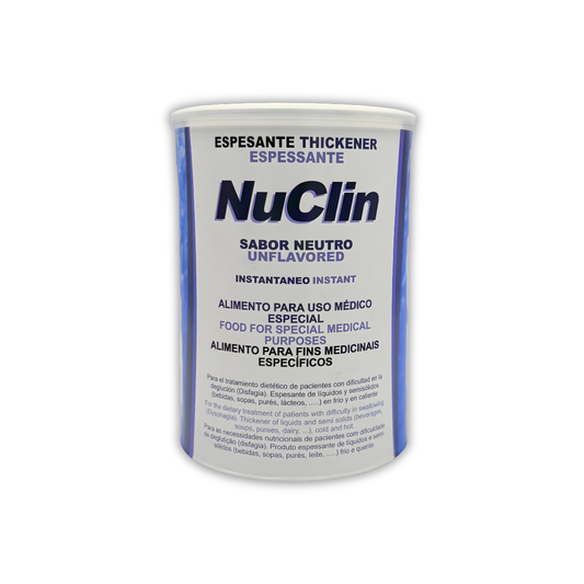 Envase de NuClin Espesante Neutro®, suplemento médico instantáneo para mejorar la deglución en personas con disfagia.
