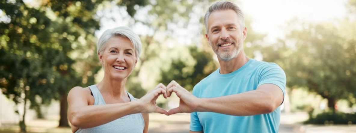 Pareja de mediana edad haciendo ejercicio al aire libre, simbolizando salud, bienestar y envejecimiento activo